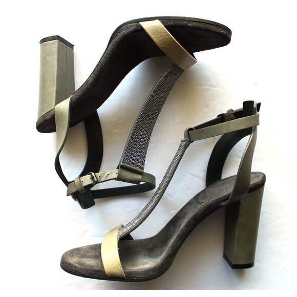 Brunello Cucinelli Monili T-Strap Leather Sandal Block Heel / Size 37 / Grey - Picture 4 of 11